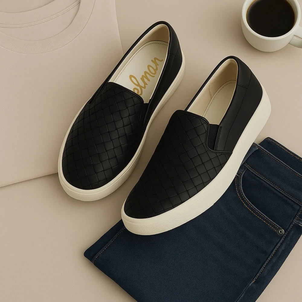 Sam Edelman Eda Slip-On Sneakers Black Woven Leather Size 8 - Picture 1 of 5